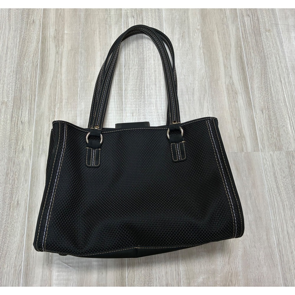 The Sak Black Woven Fabric Tote Bag Pink Polka Dot Lining Shoulder Bag